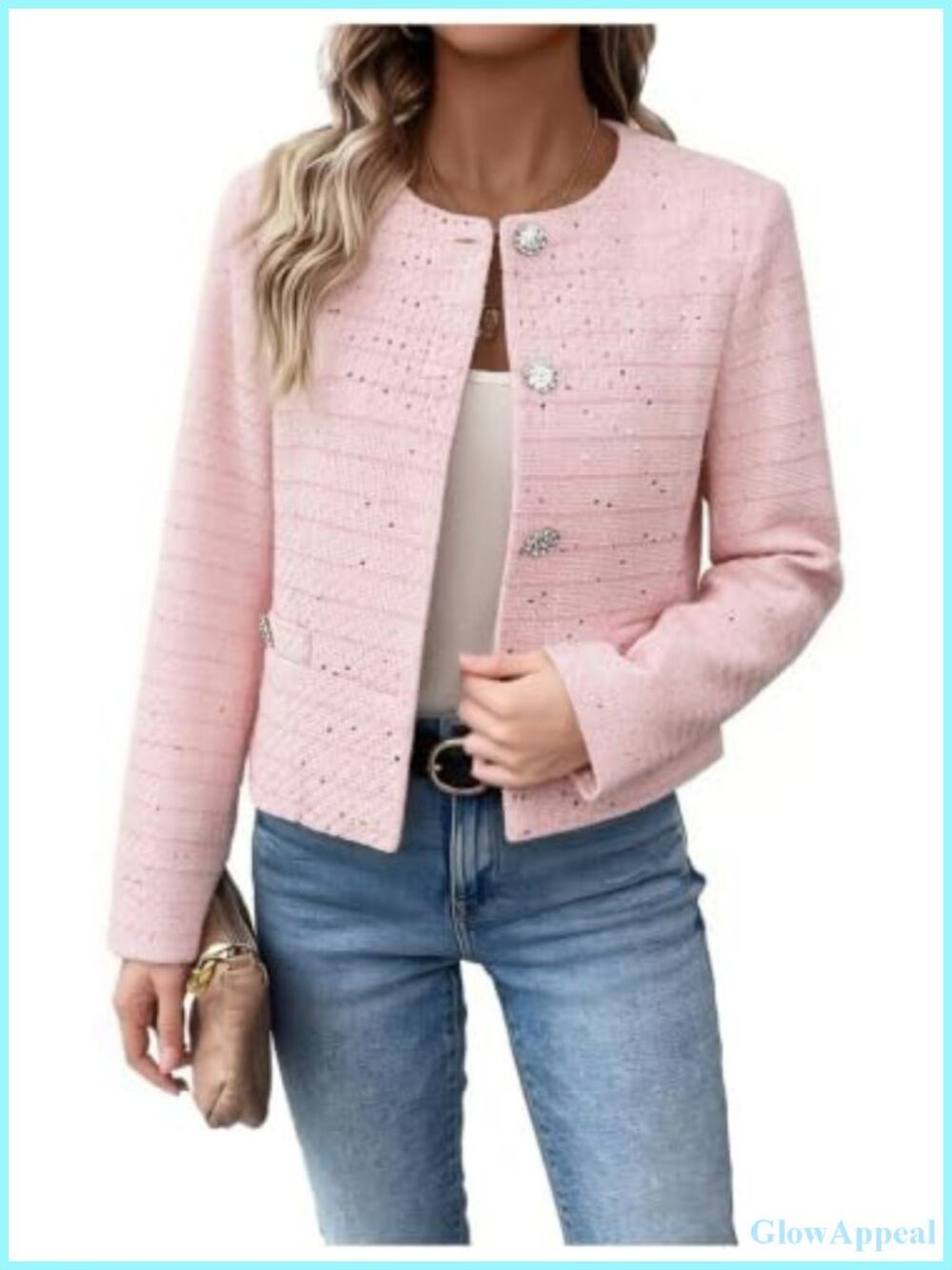 Sequin Tweed Cropped Blazer Long Sleeve Jacket